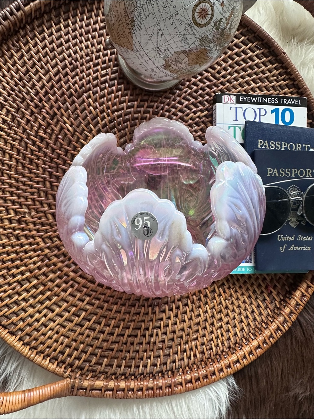 FENTON Vintage Rose Opalescent Iridescent Pink Glass Decorative Bowl
